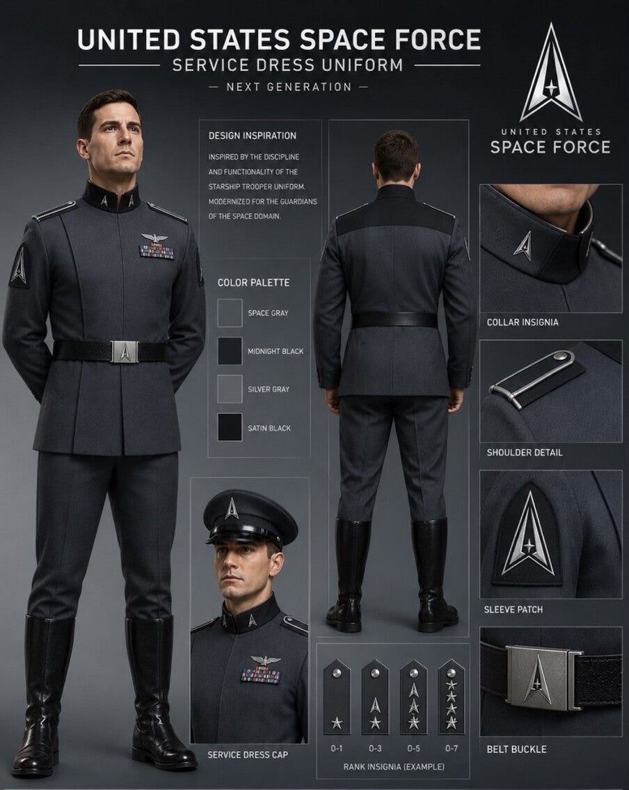 Mannen modellerer US Space Force-tjenestedressuniformen, med strukturert mørkt antrekk med insignier og en hette med topp. Ytterligere uniformsdetaljer vises