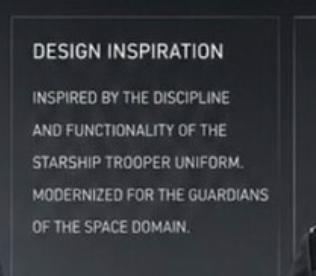 Teksten lyder: "Designinspirasjon: Inspirert av disiplinen og funksjonaliteten til romskipets trooperuniform. Modernisert for vokterne av romdomenet."