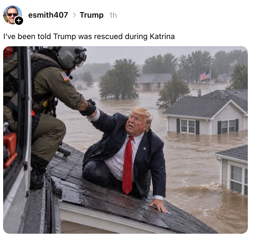 Et digitalt endret bilde som viser Donald Trump som ble reddet fra et oversvømmet tak under orkanen Katrina