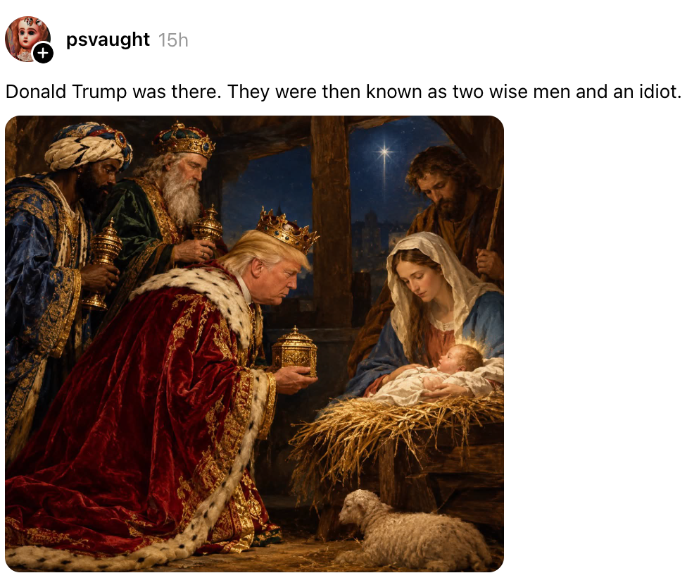 Et digitalt endret bilde viser Donald Trump som en av de tre vise menn i en julekrybbe, med humoristisk bildetekst