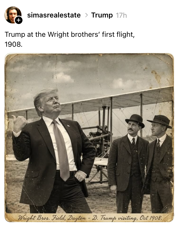 Rediger som viser historiske skikkelser med en moderne offentlig skikkelse overlagret, og etterligner en scene fra 1908 på Wright-brødrenes flytur