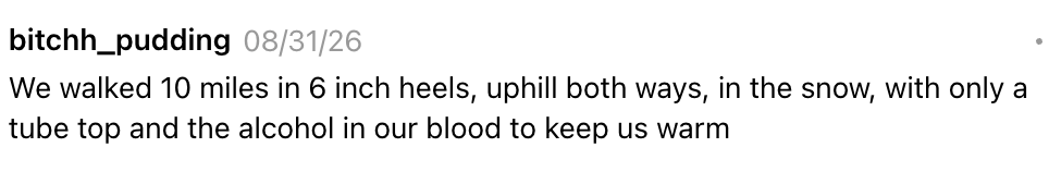 En humoristisk tekst om å tåle tøffe forhold i hæler, snø, og med alkohol for varme