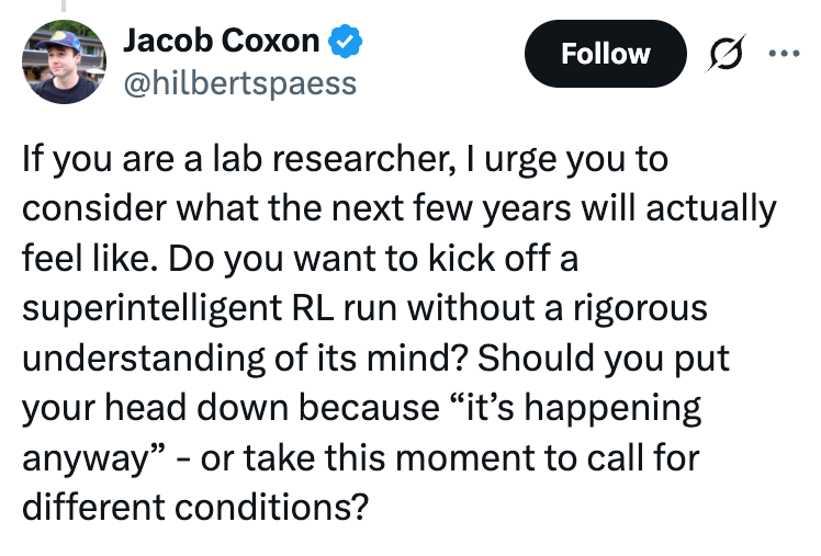 Tweet av Jacob Coxon som oppfordrer laboratorieforskere til å vurdere implikasjonene av å lansere et superintelligent RL-løp uten grundig forståelse