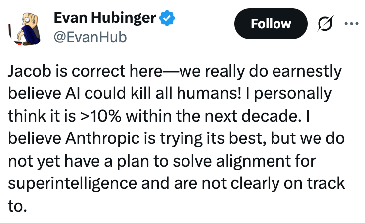 Tweet av Evan Hubinger som uttrykker bekymring for AI, spekulerer over en 10 % sjanse for at det kan skade mennesker innen et tiår, og mangler tilpasningsplaner