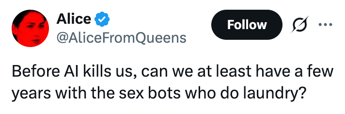 Tweet fra Alice: "Før AI dreper oss, kan vi i det minste ha noen år med sexrobotene som vasker?"