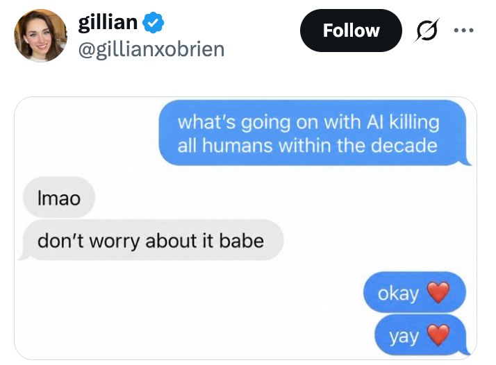 En tweet av Gillian O'Brien diskuterer humoristisk AI som potensielt kan eliminere mennesker innen et tiår