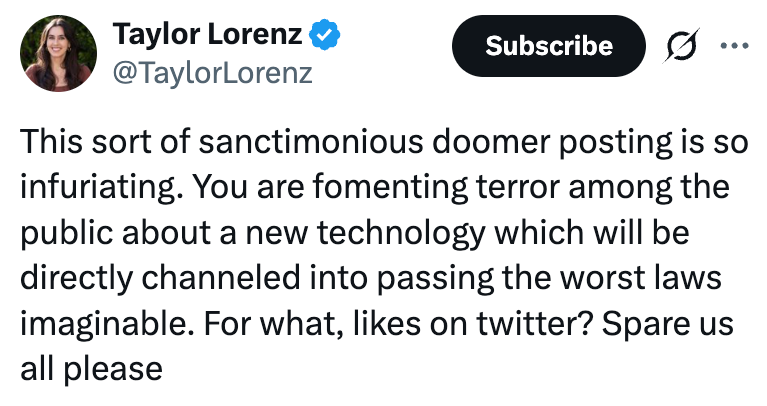 Tweet av Taylor Lorenz som kritiserer frykt rundt ny teknologi og dens bruk i lovarbeid