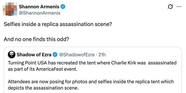 Tweet spørrende selfies på en kopi av attentatscenen fra en begivenhet der et telt skildrer Charlie Kirks attentatsetting