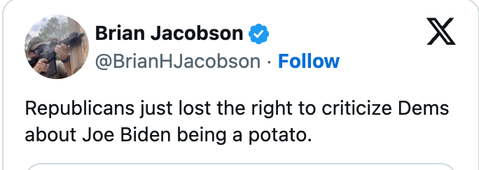 Skjermbilde av en tweet av Brian Jacobson, der republikanerne mistet retten til å kritisere demokrater om at Joe Biden var en potet