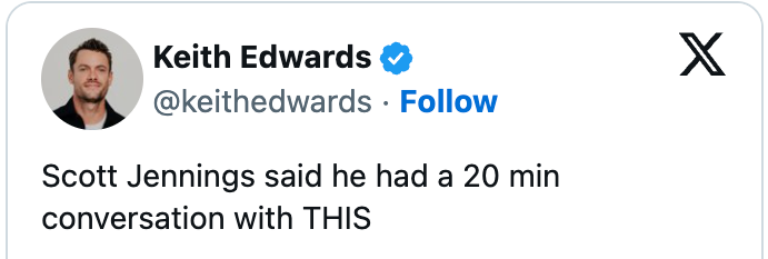 Tweet fra Keith Edwards som fremhever Scott Jennings' påstand om en 20-minutters samtale med et uspesifisert emne