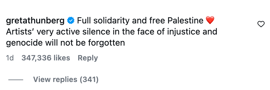 Instagram-kommentar av Greta Thunberg som uttrykker solidaritet med Palestina, kritiserer artister' taushet om urettferdighet og folkemord