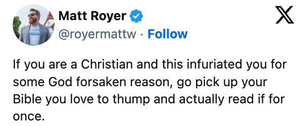 Tweet av Matt Royer foreslår at kristne bør lese Bibelen i stedet for å bli rasende
