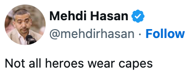 Profilbilde av Mehdi Hasan med Twitter-håndtak @mehdirhasan og tweeten,