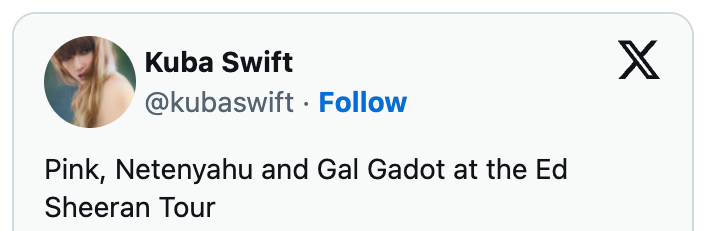 Tweet som nevner Pink, Netanyahu og Gal Gadot som deltar på et Ed Sheeran-turnearrangement