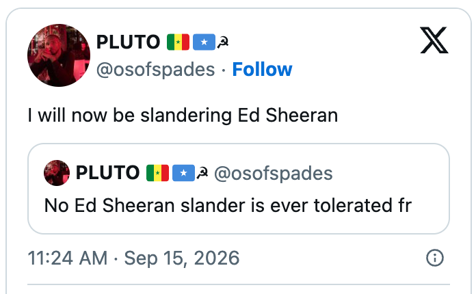 Tweet med en bruker som motsier seg selv: først mot bakvaskelse av Ed Sheeran, for så å planlegge å baktale ham