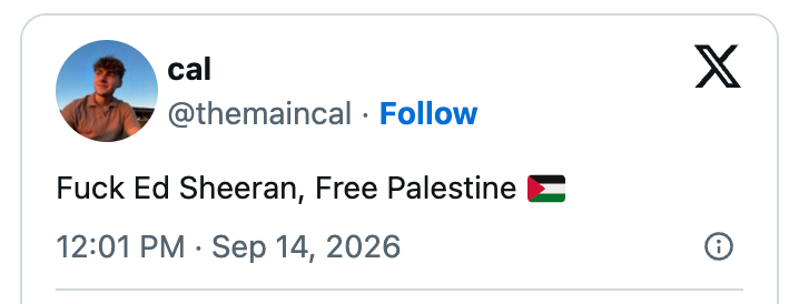 Tweet: "Fri Palestina" melding med en flaggemoji; inkluderer en negativ kommentar om Ed Sheeran
