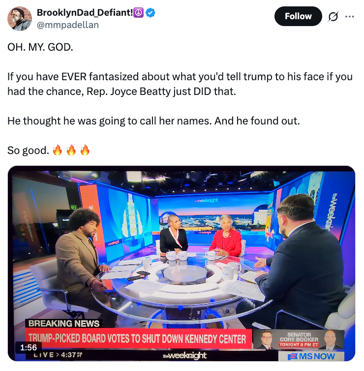 Skjermbilde av en tweet som reagerer på et nyhetssegment som diskuterer representant Joyce Beatty som konfronterer Trump. MS Now-nyhetspanelet er synlig nedenfor