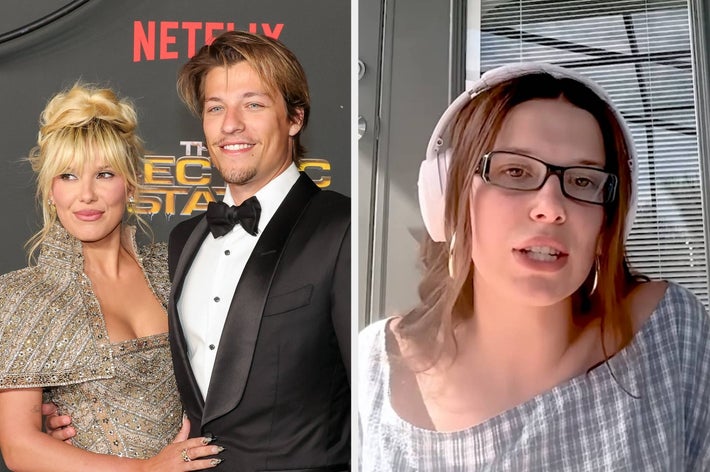 Til venstre: Millie Bobby Brown og Jake Bongiovi på et arrangement. Til høyre: Millie snakker på en podcast