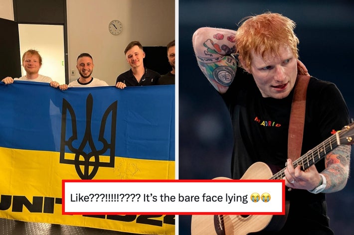 Ed Sheeran holder et ukrainsk flagg og opptrer på scenen. Tweet roper ut hans 