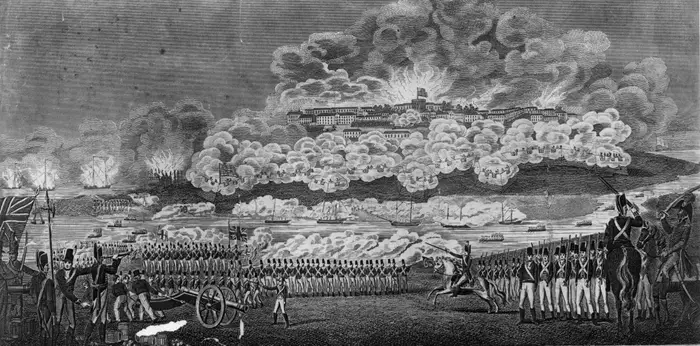 En historisk illustrasjon som viser en militær kampscene med soldater, kanoner og røykfylt himmel.