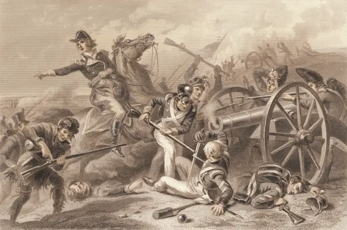 Historisk kampscene med soldater som opererer en kanon, og viser kaos og haster midt i kamp