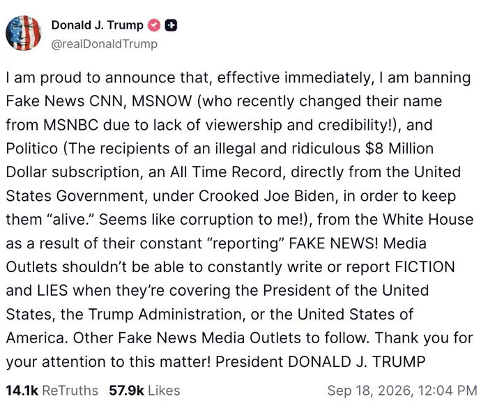 Et innlegg på sosiale medier fra Donald J. Trump som kunngjorde et forbud mot spesifikke nyhetskanaler, og anklaget dem for å spre falske nyheter og løgner om ham og administrasjonen hans