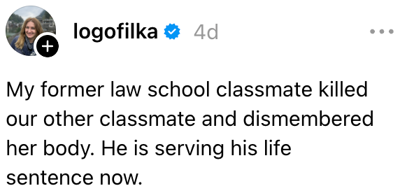 Min tidligere klassekamerat fra jusstudiet drepte en annen klassekamerat og delte opp kroppen hennes. Han soner nå en livstidsdom