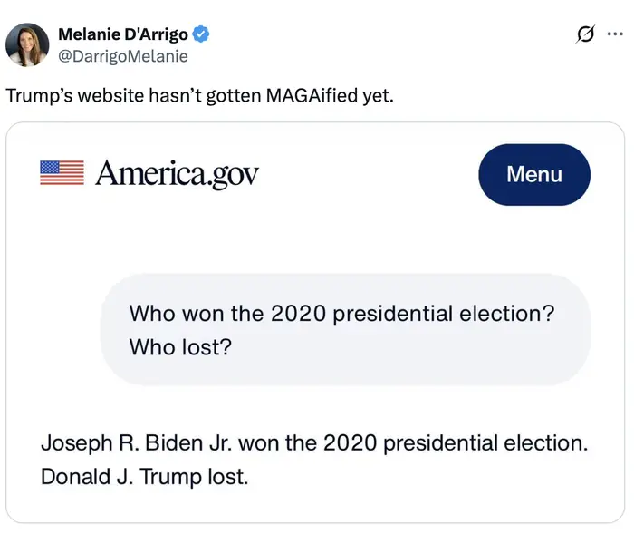 Tweet skjermdump som fleiper om Trumps manglende innflytelse på et nettsted, med tekst som bekrefter Bidens valgseier i 2020 og Trumps tap