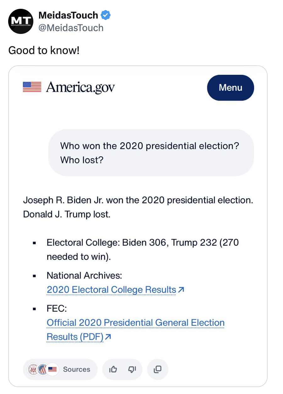 Tweet deler informasjon fra America.gov om at Joe Biden vant valget i 2020, Trump tapte; Valgresultater: Biden 306, Trump 232. Lenker til kilder oppgitt