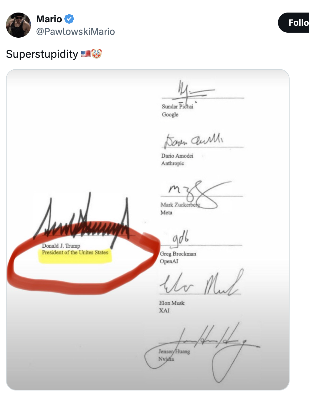 Bilde som viser flere signaturer på et dokument, med "Donald J. Trump, USAs president" uthevet i rødt og gult