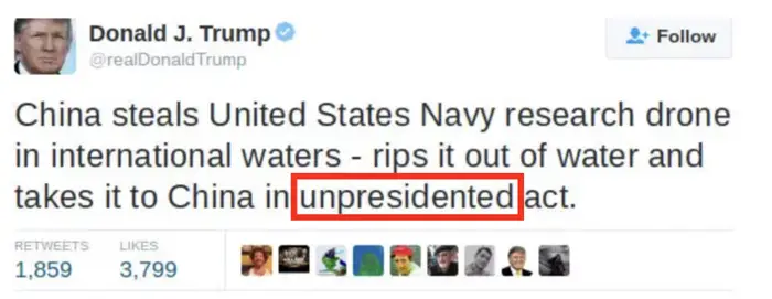 Skjermbilde av en tweet om Kina som tar en forskningsdrone fra den amerikanske marinen i internasjonalt farvann, og beskriver den som en