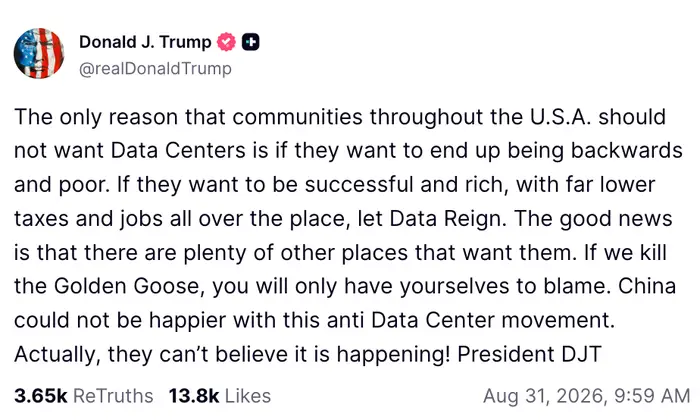 Innlegg på sosiale medier av Donald J. Trump som diskuterer viktigheten av datasentre for amerikansk økonomisk suksess og den potensielle negative effekten av å miste dem