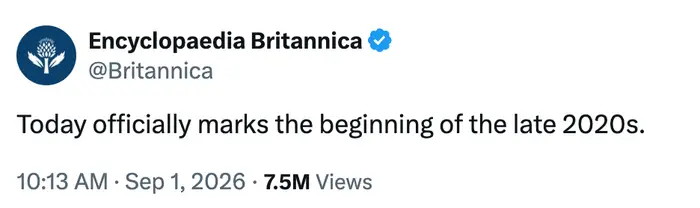 Encyclopaedia Britannica tweet som kunngjorde starten på slutten av 2020-tallet