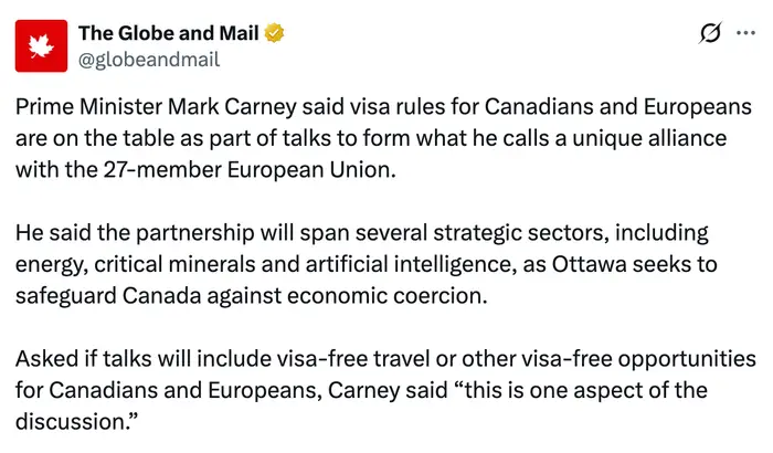 Sammendrag av teksten: Statsminister Mark Carney diskuterer visumregler for kanadiere og europeere som en del av å danne en allianse med EU, som dekker flere strategiske sektorer