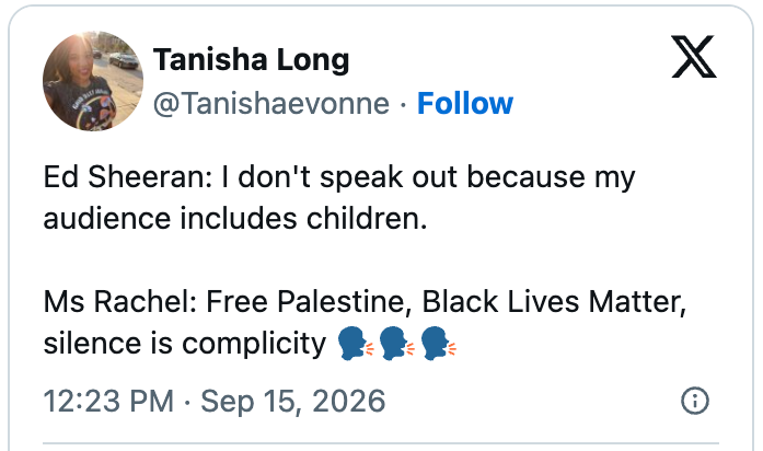 Tweet av Tanisha Long: Ed Sheeran nevner å ikke si fra på grunn av barnepublikum; Rachel tar til orde for aktivisme og sier at stillhet er medvirkning