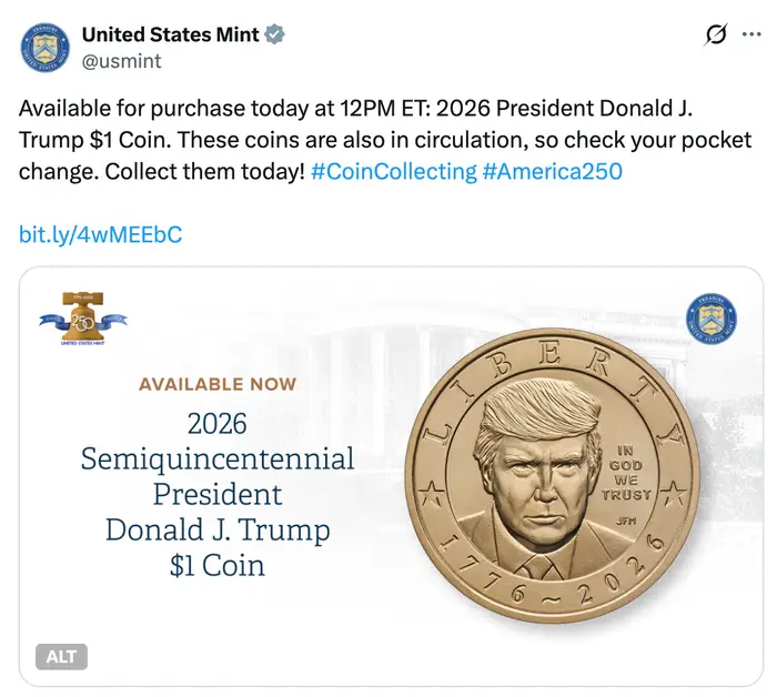 Tweet fra US Mint som kunngjør salget av 2026-president Donald J. Trump $1-mynt og oppmuntrer til innsamling