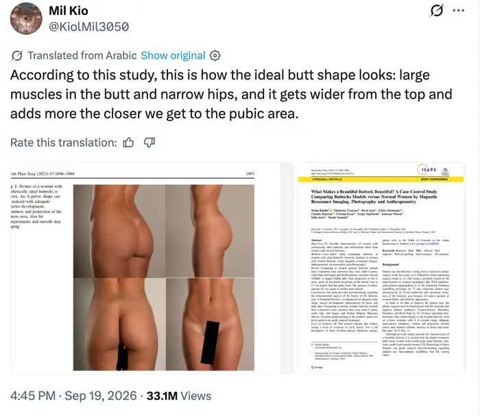 Side-by-side bilder av kroppsfigurer fra en studie som viser ulike hofte- og muskelproporsjoner, med en tweet som oppsummerer studiens funn