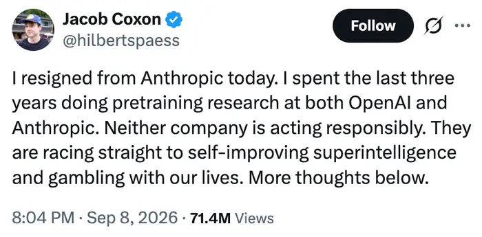 Tweet av Jacob Coxon om å trekke seg fra Anthropic, kritisere uansvarlig AI-praksis fra Anthropic og OpenAI