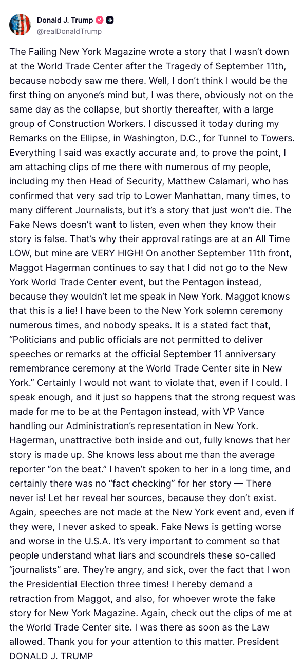 Donald J. Trump tilbakeviser en historie fra New York Magazine som hevder at han var savnet den 11. september. Han hevder at han var til stede på Ground Zero, og bestred artikkelen