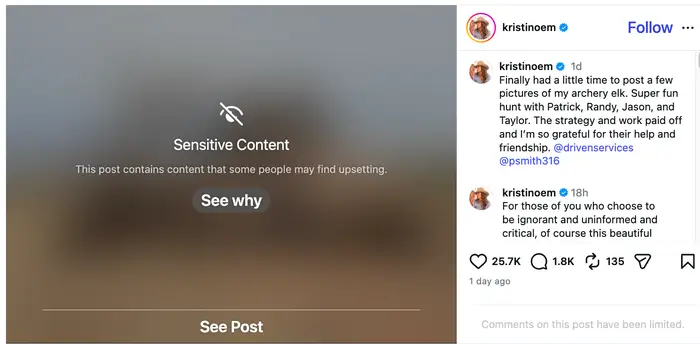 Bildet er uskarpt med et "sensitivt innhold" advarsel på Instagram, som indikerer potensielt opprivende materiale. Bildeteksten nevner en vellykket elgjakt med venner