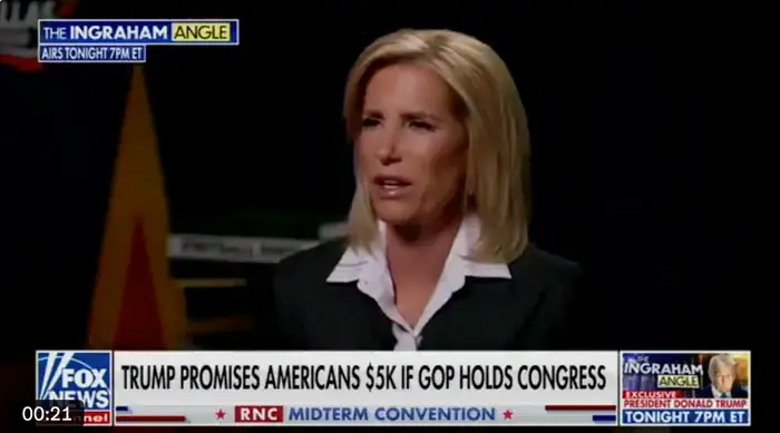 En person snakker i et TV-nyhetsprogram om at Trump lover 5 000 dollar til amerikanere hvis GOP kontrollerer kongressen