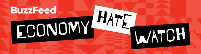 BuzzFeed Economy Hate Watch-logo med fet tekst i utklippsstil på rød bakgrunn