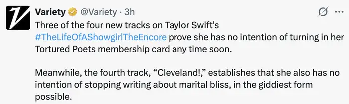 Variety tweet om Taylor Swifts nye spor fra #TheLifeOfAShowgirlTheEncore, som fremhever temaer som poesi og ekteskapelig lykke