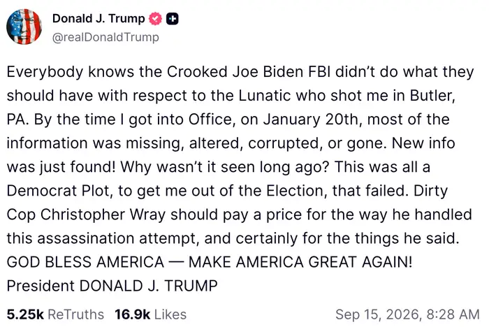 Bilde av et innlegg i sosiale medier av Donald J. Trump, datert 15. september 2026. Innlegget kritiserer Joe Biden og FBI