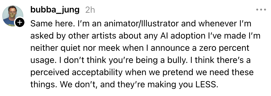 Kommentar av bubba_jung som diskuterer null AI-bruk i animasjonskarrieren, oppfordrer mot å ta i bruk AI, og sier at det reduserer artister