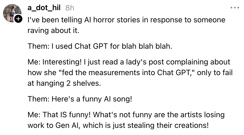 En person deler en samtale om AI og dens innvirkning på artister, og avsluttes med en humoristisk anekdote om AI-generert innhold