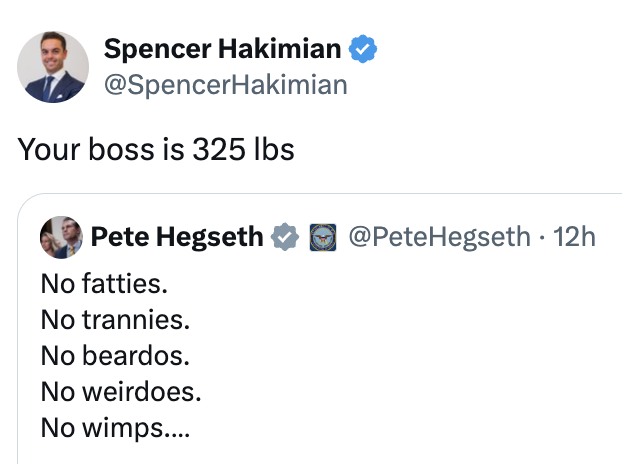 Tweet-svar: "Sjefen din veier 325 lbs" til et innlegg med negative termer