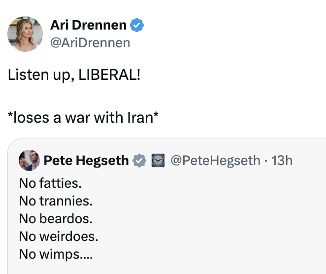 Tweetutveksling med Ari Drennen som håner en tidligere tweet av Pete Hegseth med nedsettende beskrivelser