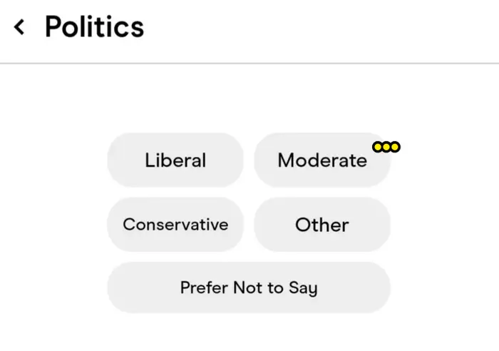 Alternativer for politisk standpunkt: Liberal, Moderat, Høyre, Annet, Foretrekker ikke å si