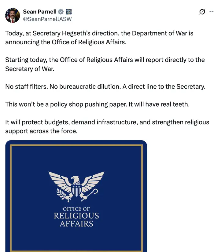 Tweet som kunngjør opprettelsen av Office of Religious Affairs under Department of War, med vekt på direkte rapportering og religiøs støtte